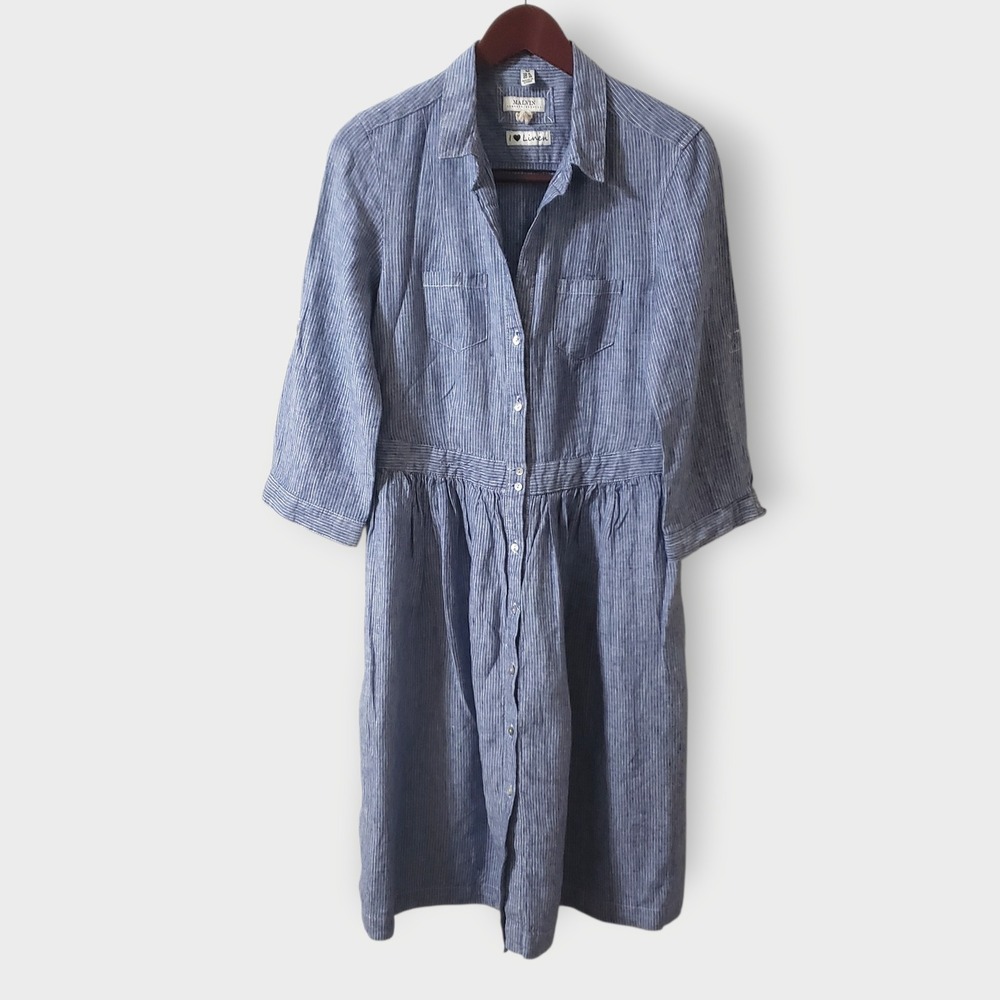 Malvin I Love Linen Blue White Striped Shirt Dress Womens‎ Size M US 8 Pockets